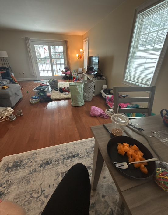 A living room with toys and dishes across the floor and table.